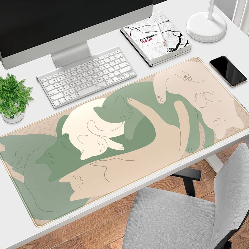 Mechanical Cattle Cute Sleeping Cats Desk Mat Matcha Green Desk Pad  Minimalist Boho Mouse Pad XXL  Cream Tan Gaming Deskmat  Large Kawaii Keyboard Mat  Fun Office Decor Desk Accessories for Women 31.5""x15.75"" - Image 2